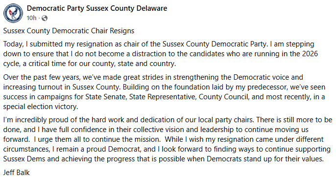 Sussex Co. Democratic Chair Resigns